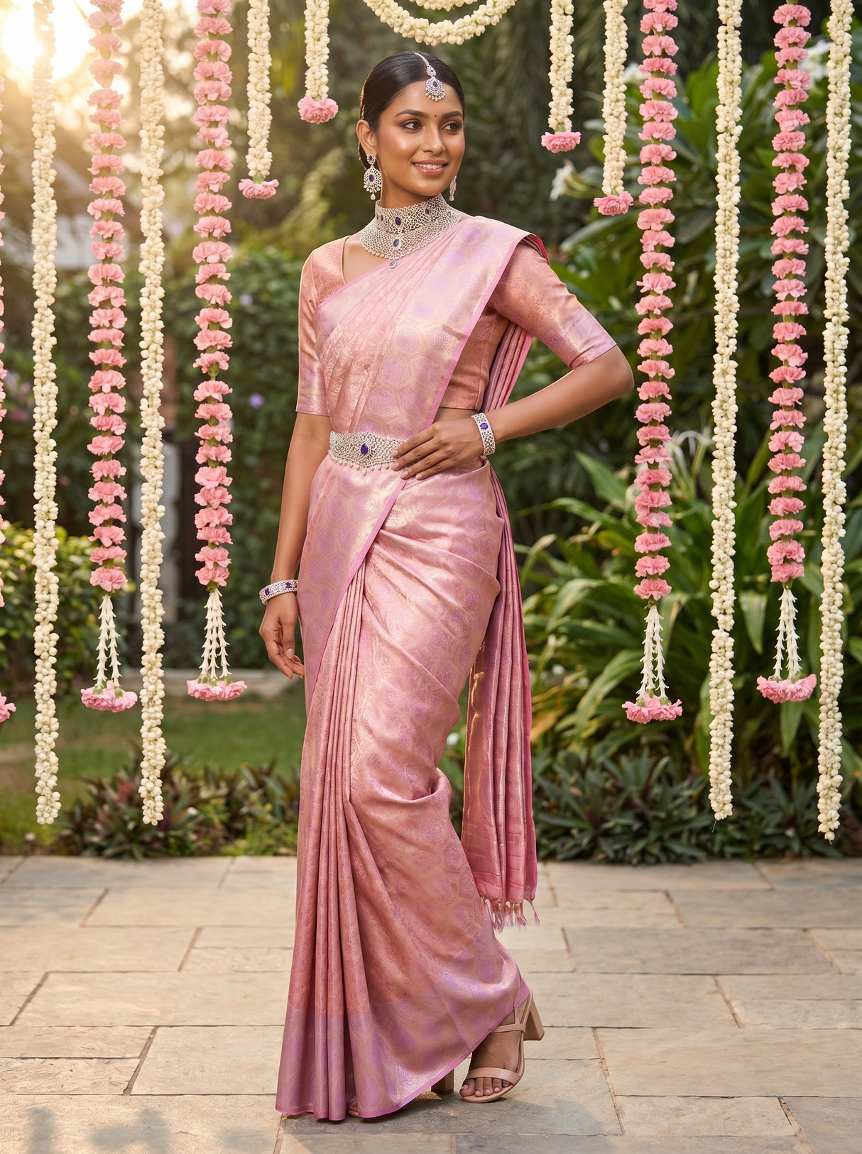 MIMOSA Pink Kanjivaram Art Silk Saree — pose 7 styling detail