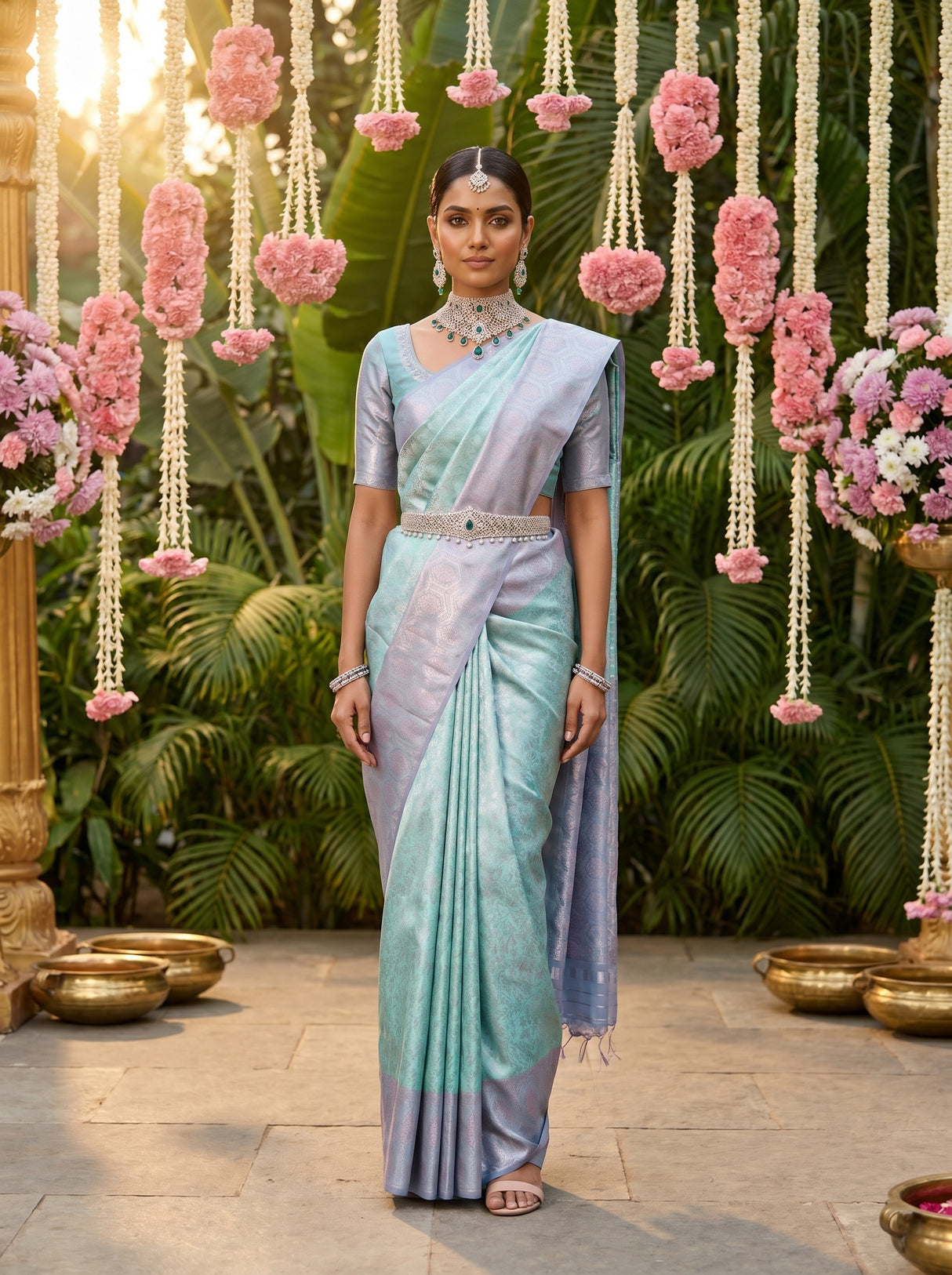 MIMOSA Rama Kanjivaram Art Silk Saree — full view of the model standing