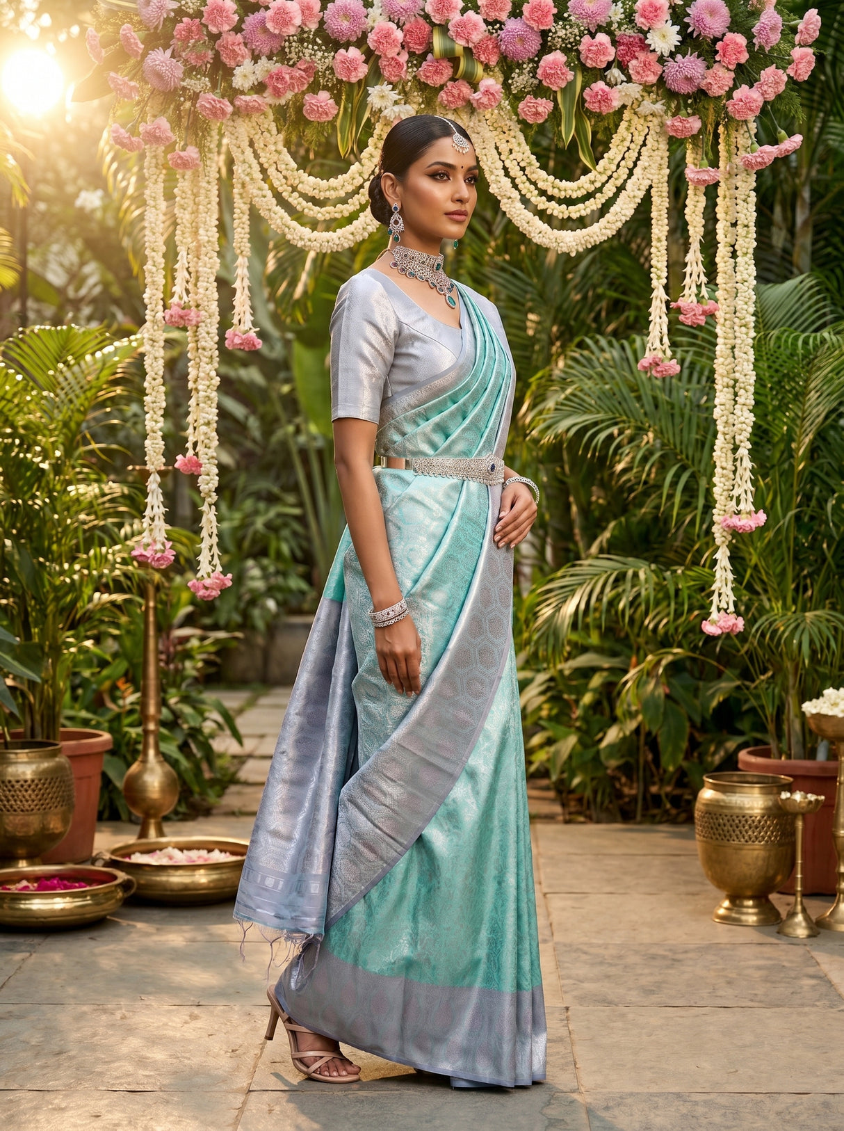 MIMOSA Rama Kanjivaram Art Silk Saree — mid-shot showing the drape and border