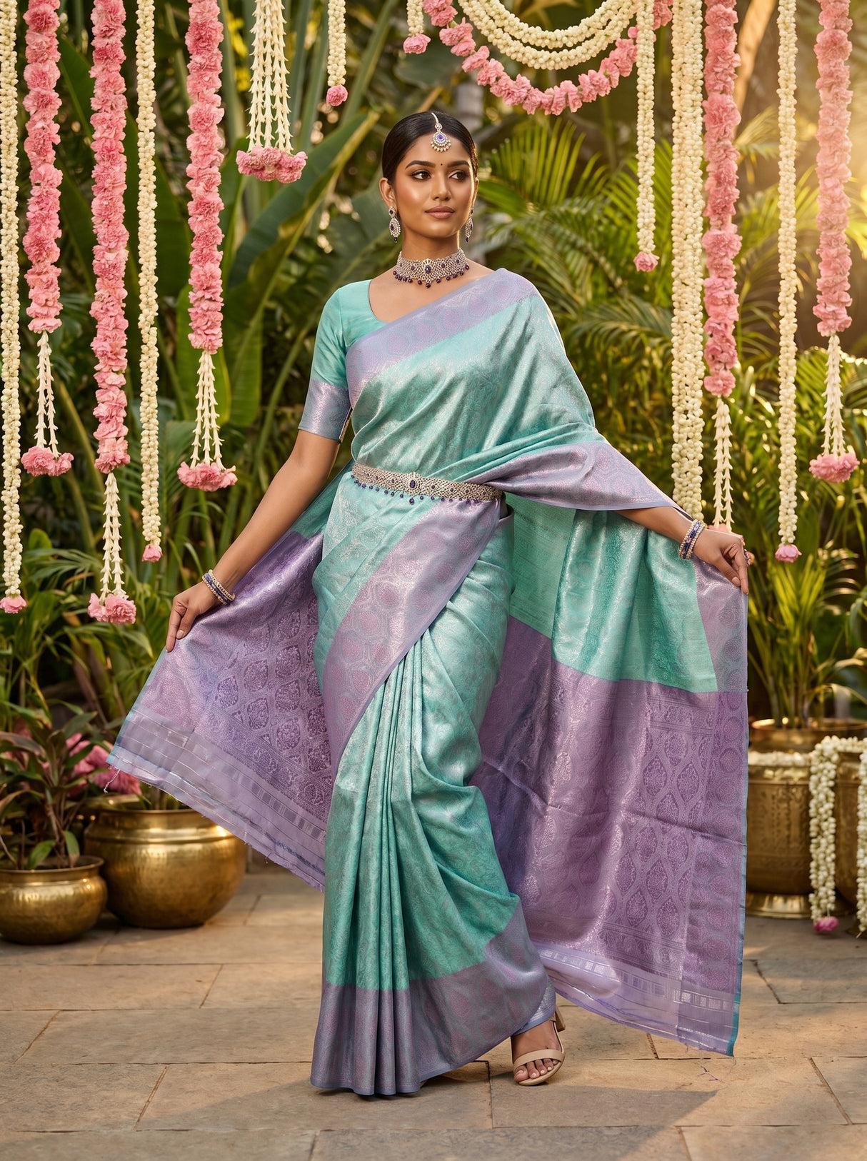 MIMOSA Rama Kanjivaram Art Silk Saree — close-up of the pallu and border pattern