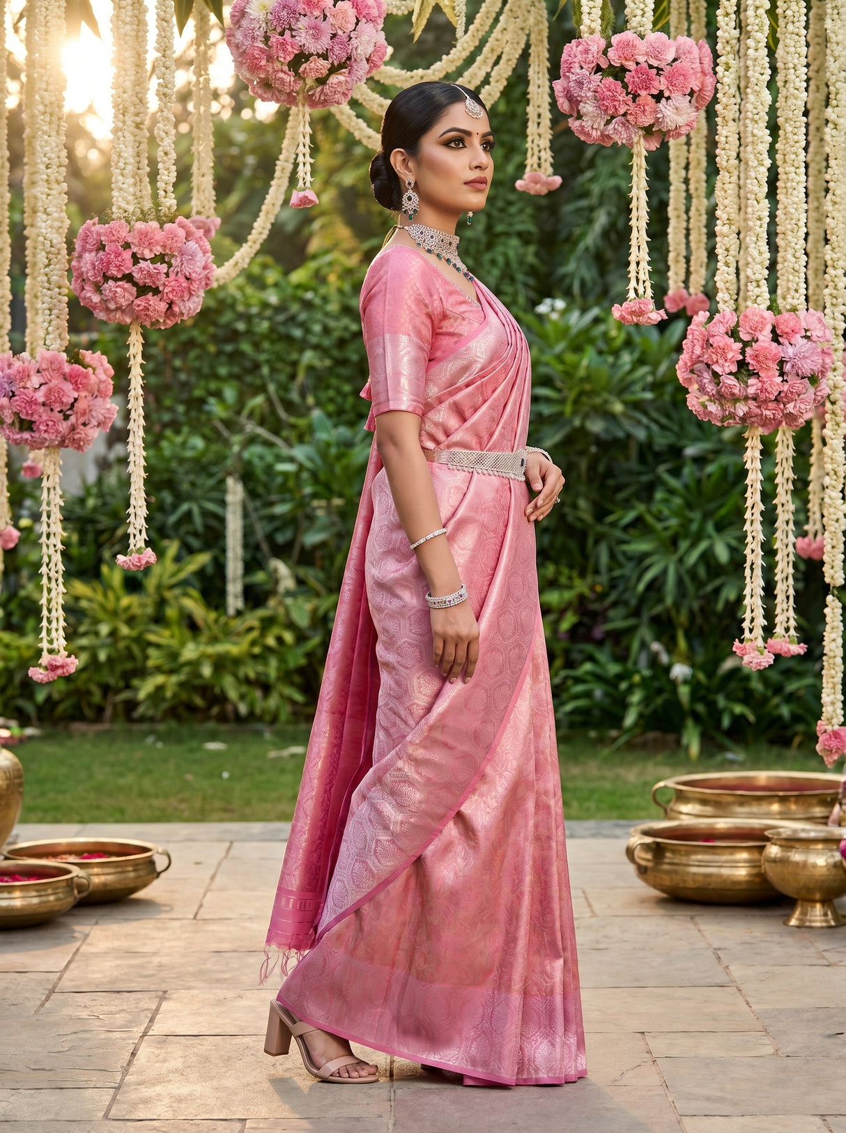 MIMOSA Strawberry Kanjivaram Art Silk Saree — mid-shot showing the drape and border