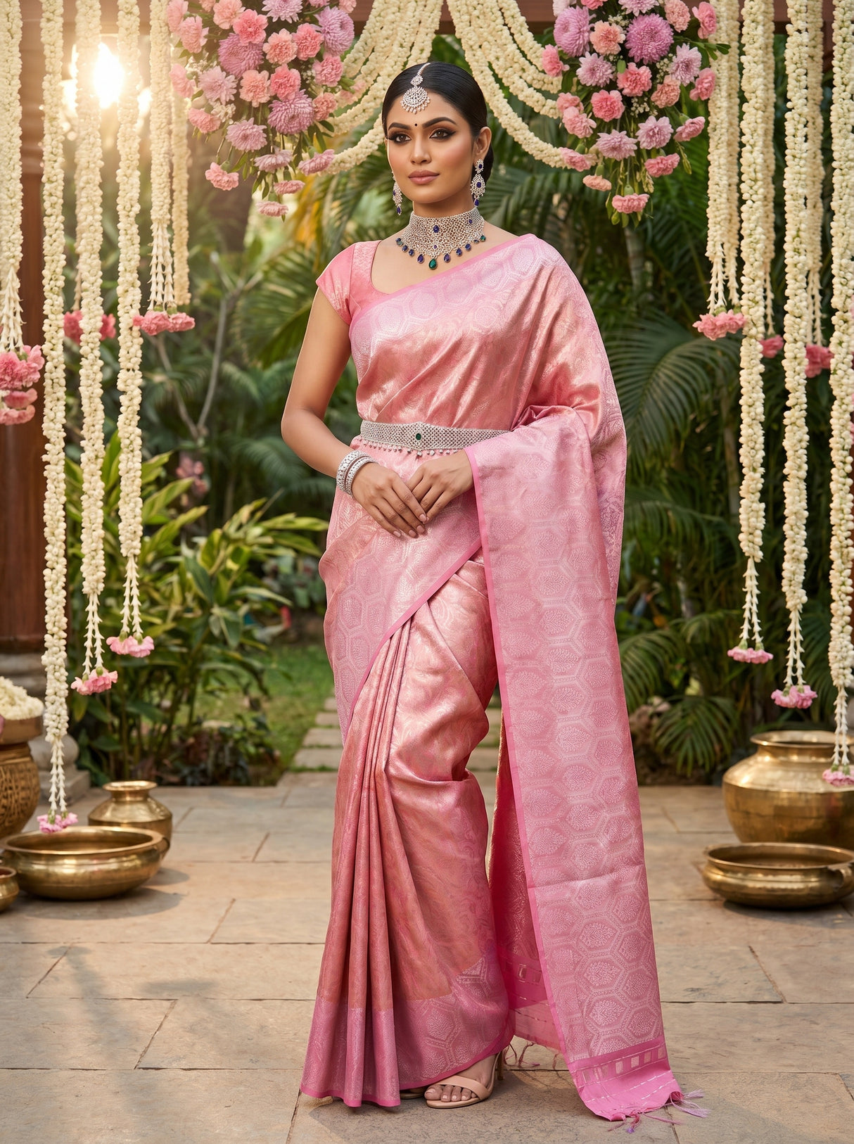 MIMOSA Strawberry Kanjivaram Art Silk Saree — close-up of the pallu and border pattern