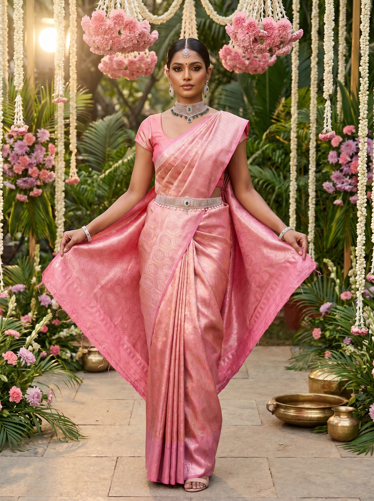 MIMOSA Strawberry Kanjivaram Art Silk Saree — detailed shot of the saree pleats and border