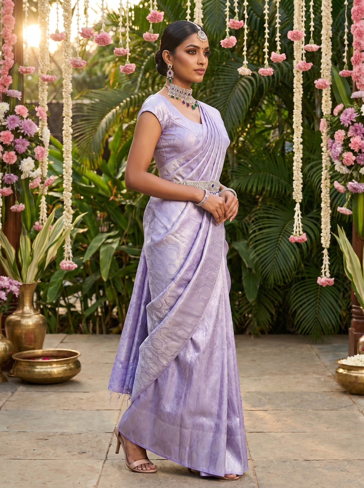 MIMOSA Violet Kanjivaram Art Silk Saree — close-up of the jewelry and blouse
