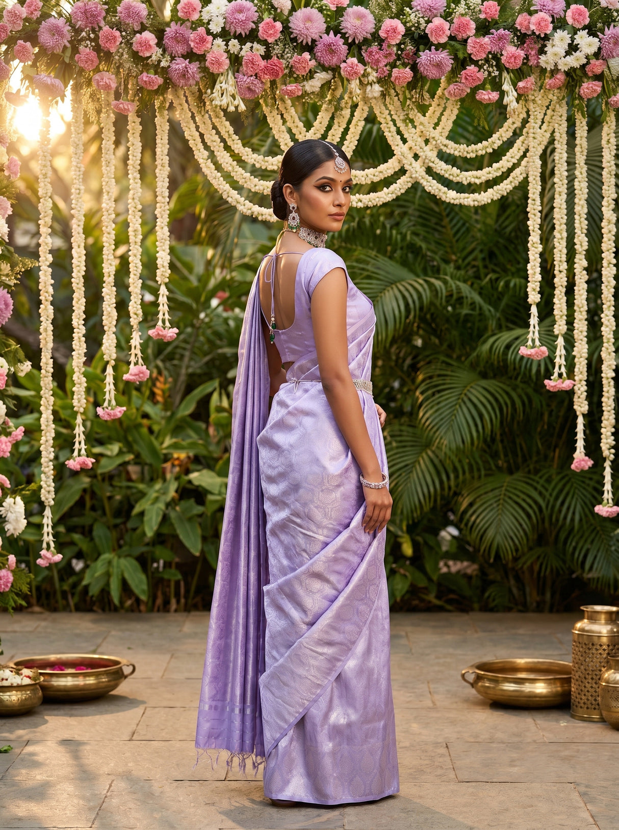 MIMOSA Violet Kanjivaram Art Silk Saree — detailed shot of the saree pleats and border