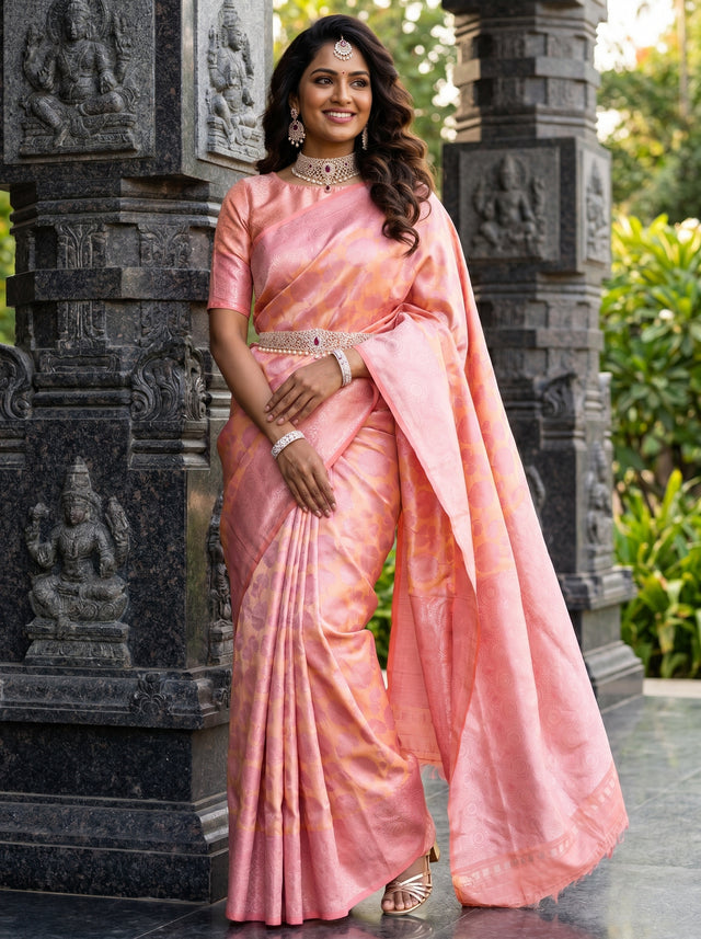 MIMOSA Peach Kanjivaram Art Silk Saree — full view