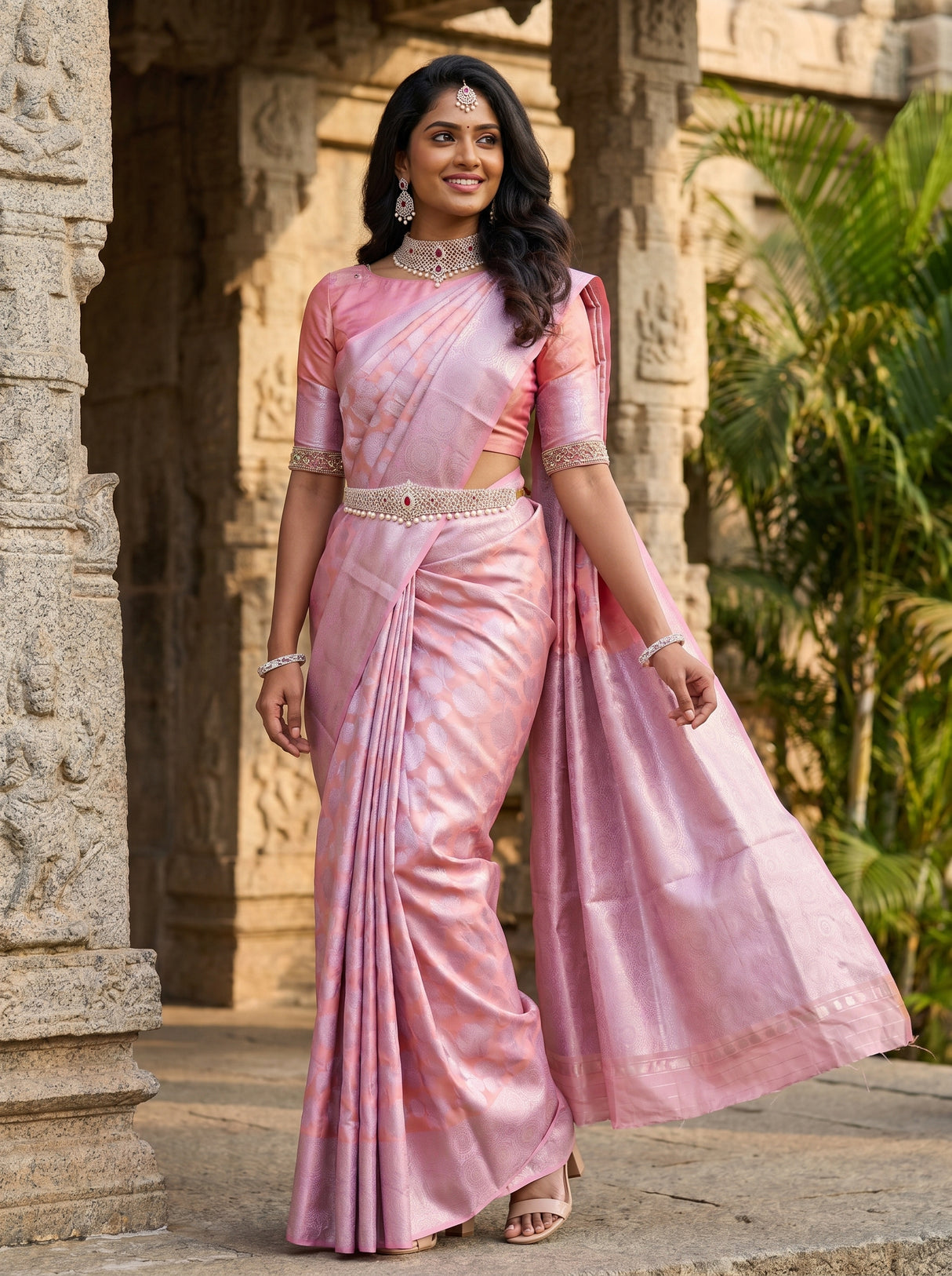 MIMOSA Pink Kanjivaram Art Silk Saree — blouse piece view