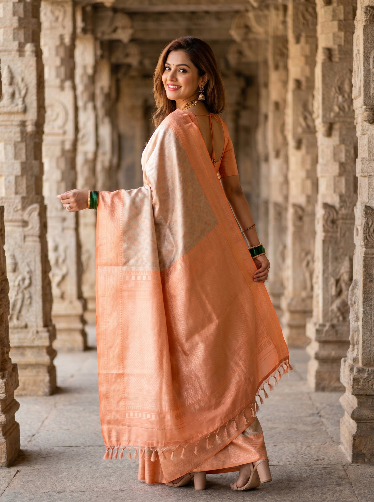 MIMOSA Chikoo Kanjivaram Art Silk Saree — pallu detail on model