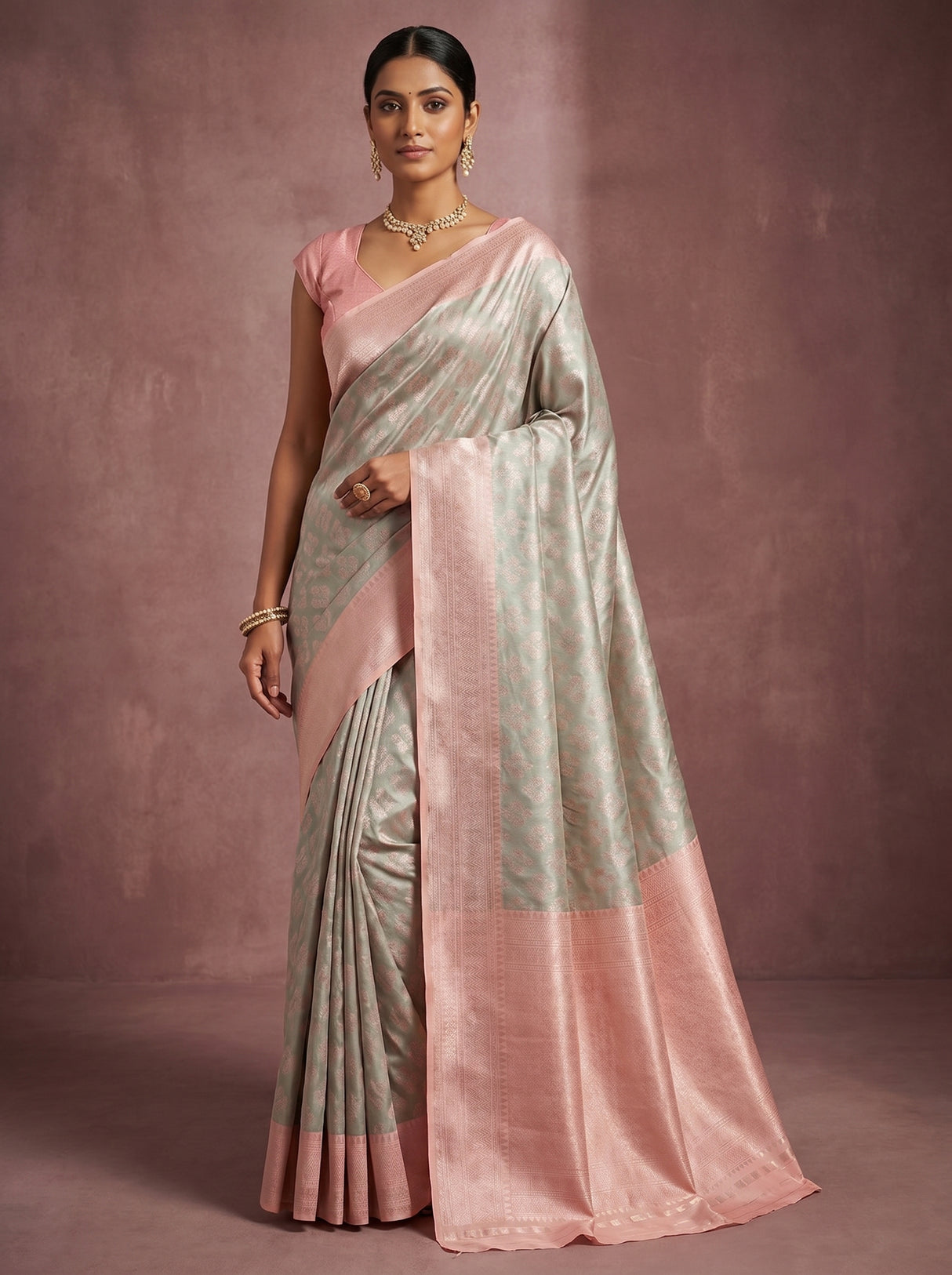 MIMOSA Grey Kanjivaram Art Silk Saree — full view on model