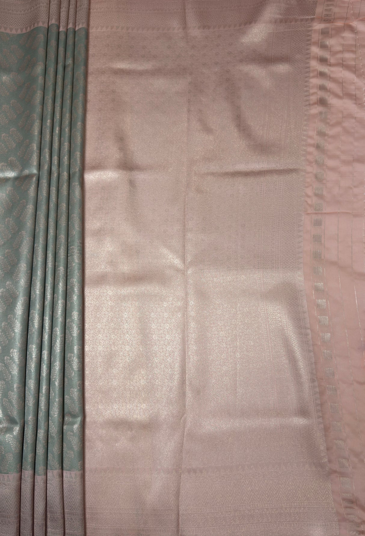 MIMOSA Grey Kanjivaram Art Silk Saree — close-up of drape and border
