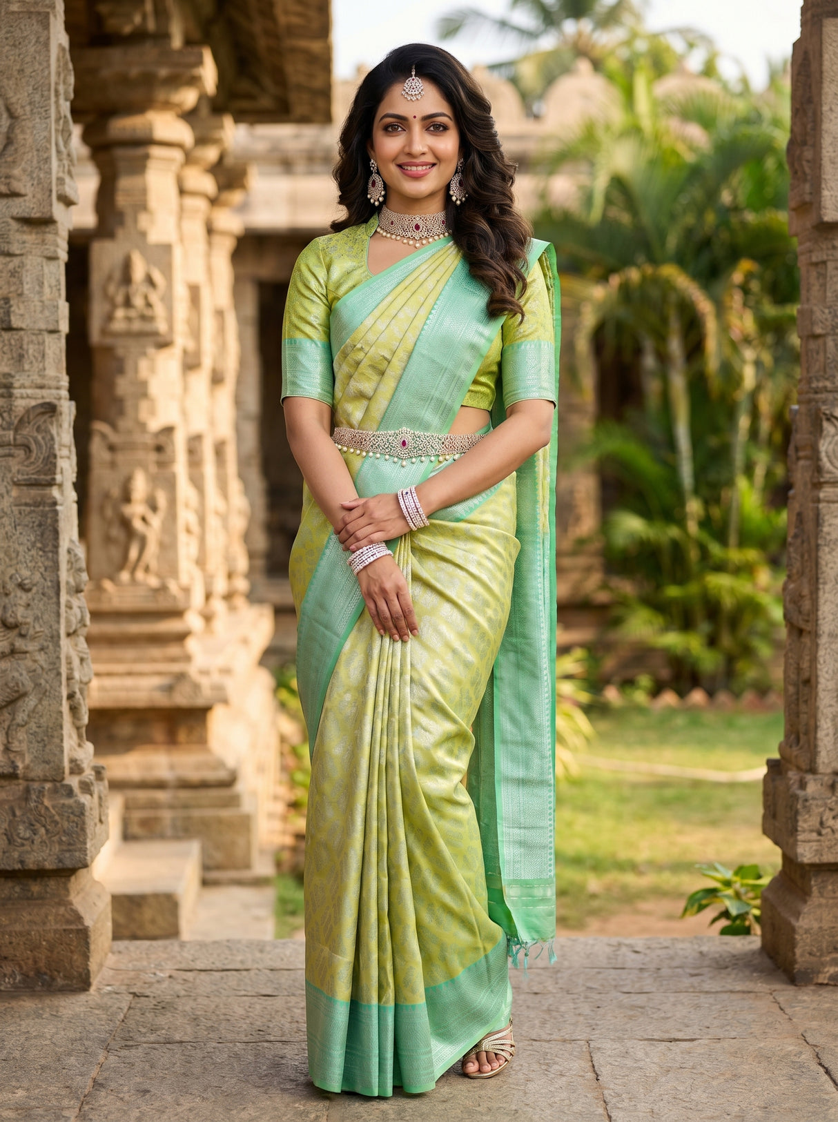 MIMOSA Olive Kanjivaram Art Silk Saree — full view on model