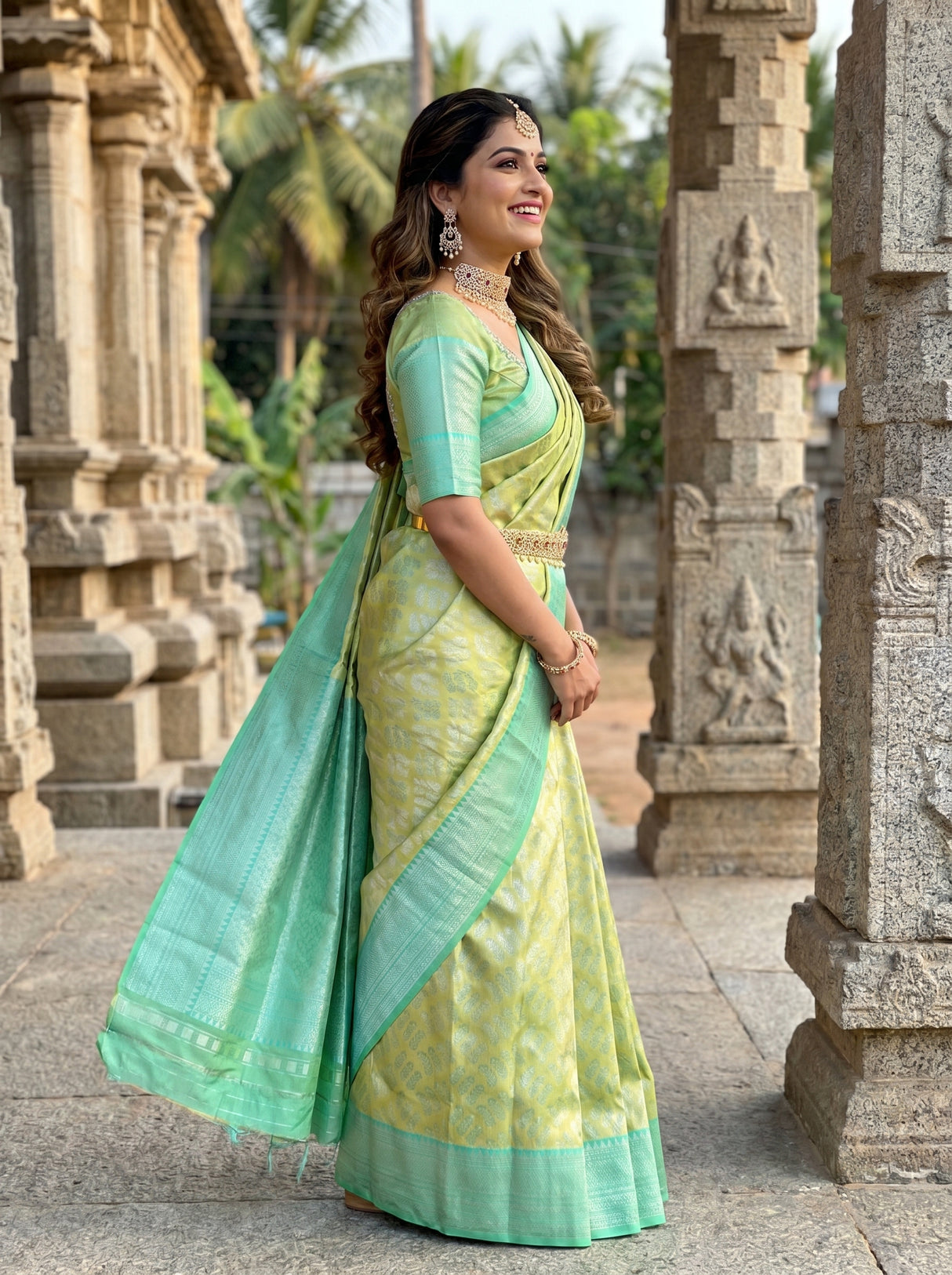 MIMOSA Olive Kanjivaram Art Silk Saree — close-up of face and jewellery