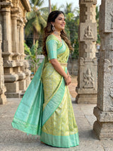 MIMOSA Olive Kanjivaram Art Silk Saree — close-up of face and jewellery