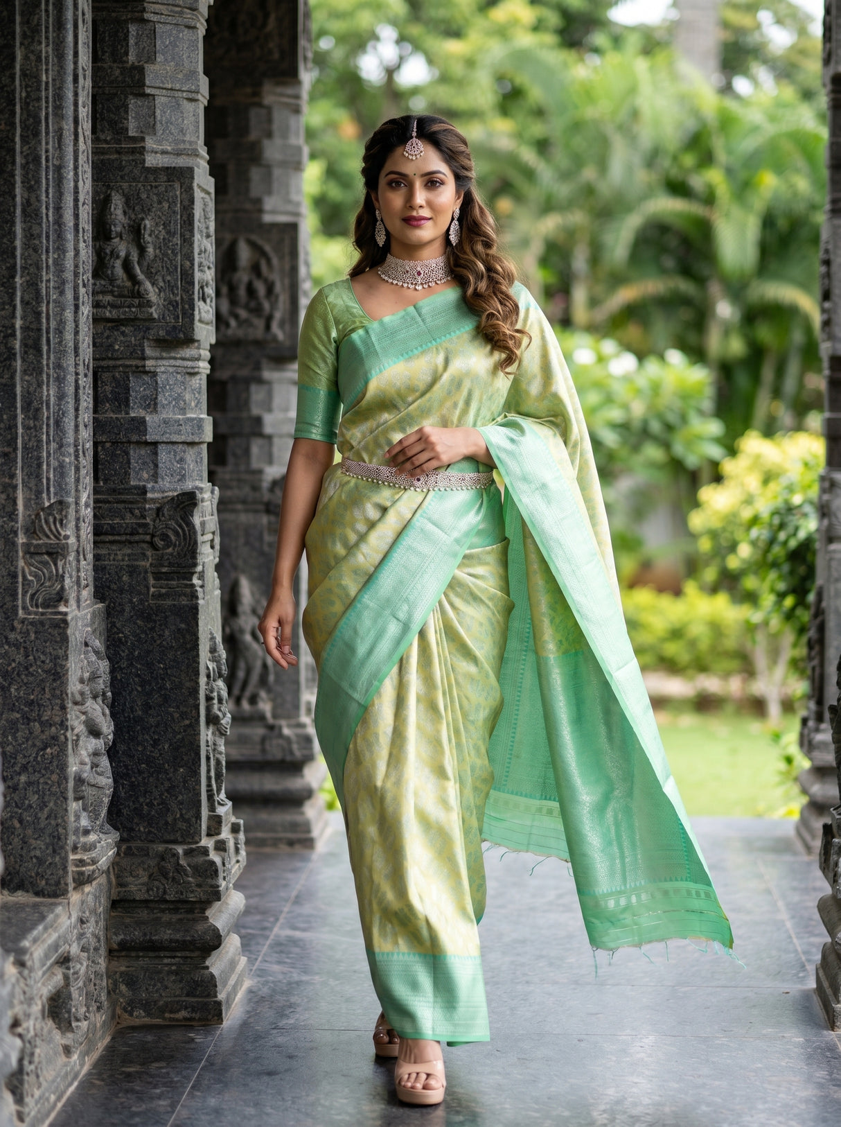 MIMOSA Olive Kanjivaram Art Silk Saree — close-up of blouse sleeve and bangles