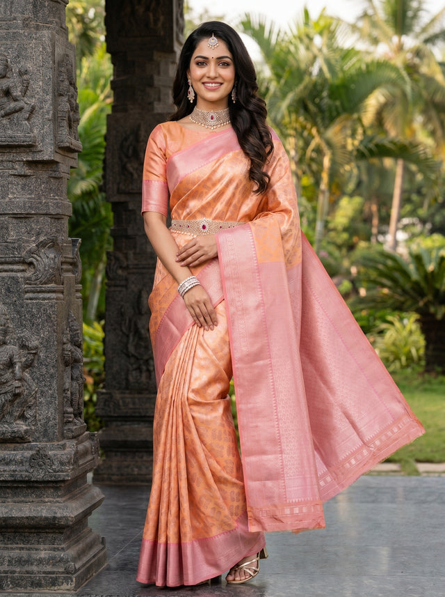 MIMOSA Peach Kanjivaram Art Silk Saree — full view on model