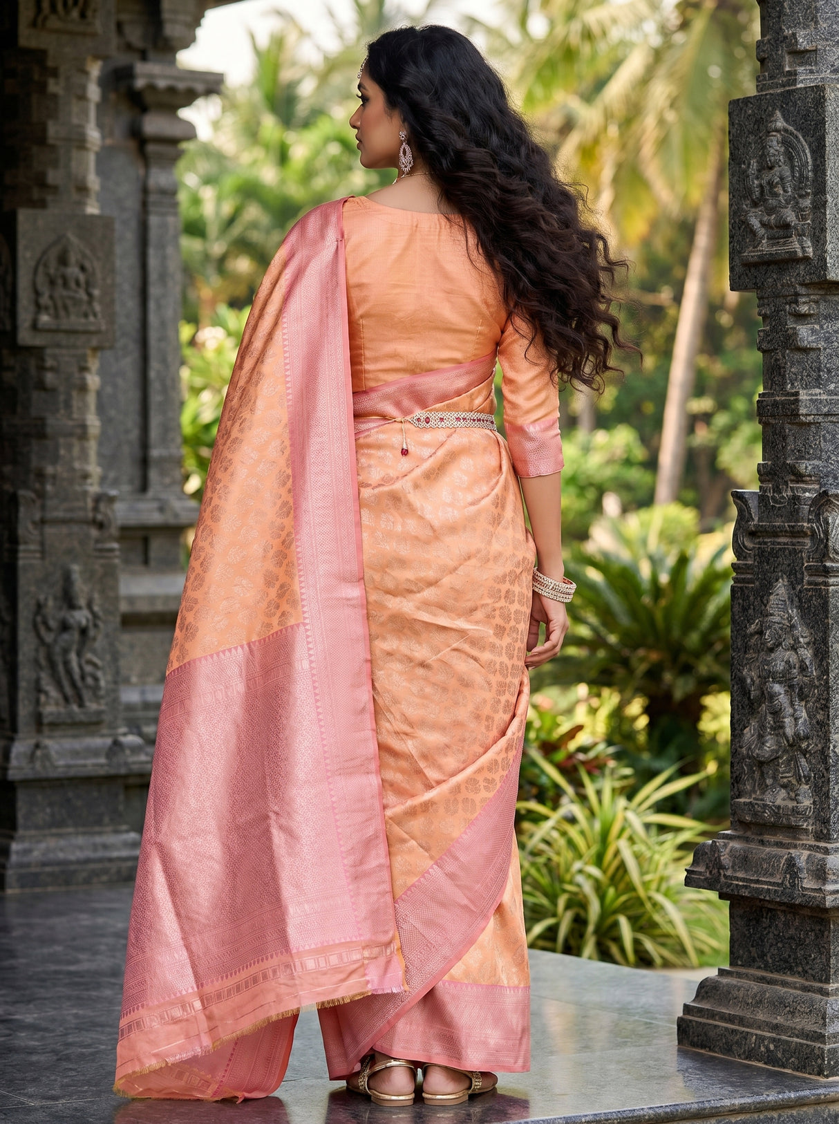 MIMOSA Peach Kanjivaram Art Silk Saree — close-up of face and jewellery