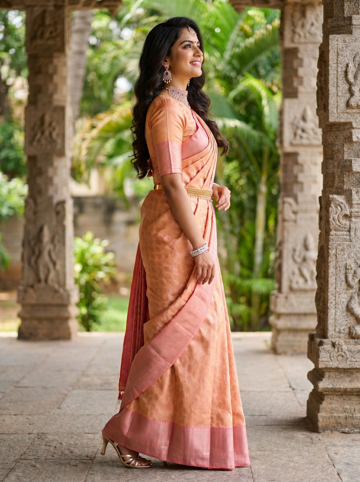 MIMOSA Peach Kanjivaram Art Silk Saree — side view showing hair and blouse sleeve