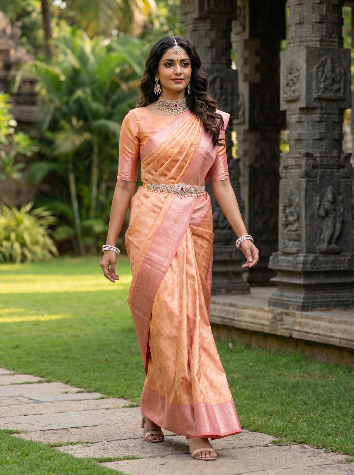 MIMOSA Peach Kanjivaram Art Silk Saree — mid-section showing drape and bangles