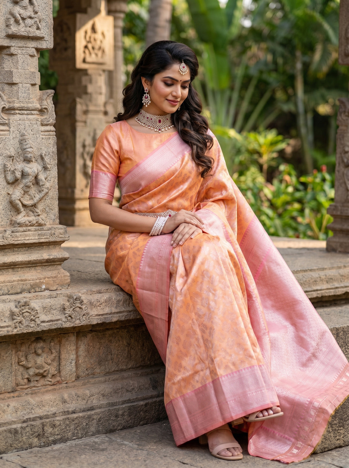 MIMOSA Peach Kanjivaram Art Silk Saree — side view of border detail