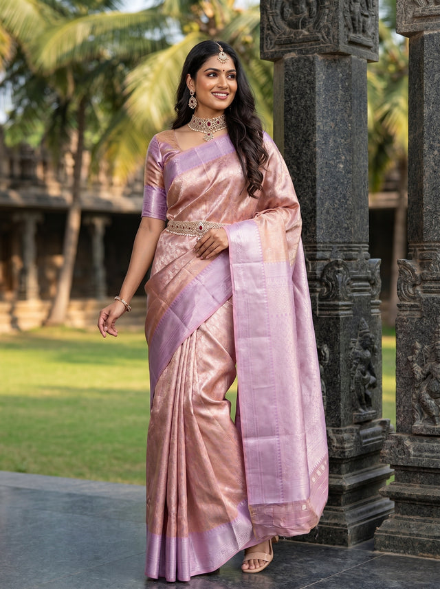 MIMOSA Pink Kanjivaram Art Silk Saree — full view on model