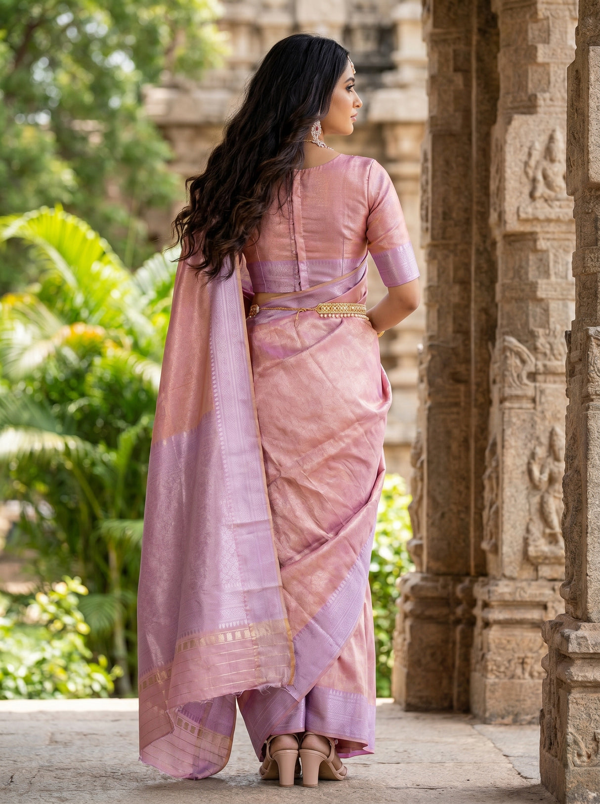 MIMOSA Pink Kanjivaram Art Silk Saree — close-up of face and jewellery