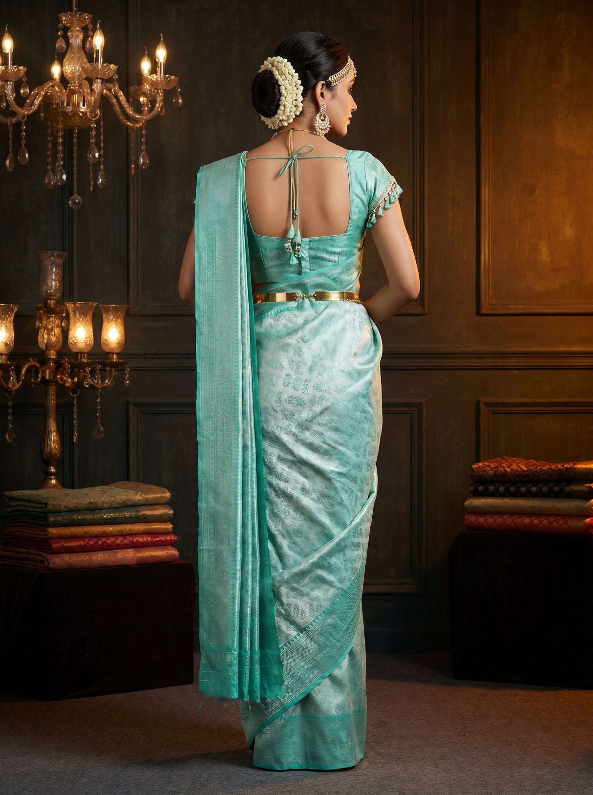 MIMOSA Rama Kanjivaram Art Silk Saree — close-up of face and jewellery