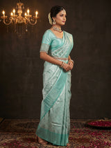 MIMOSA Rama Kanjivaram Art Silk Saree — side view showing hair and blouse sleeve