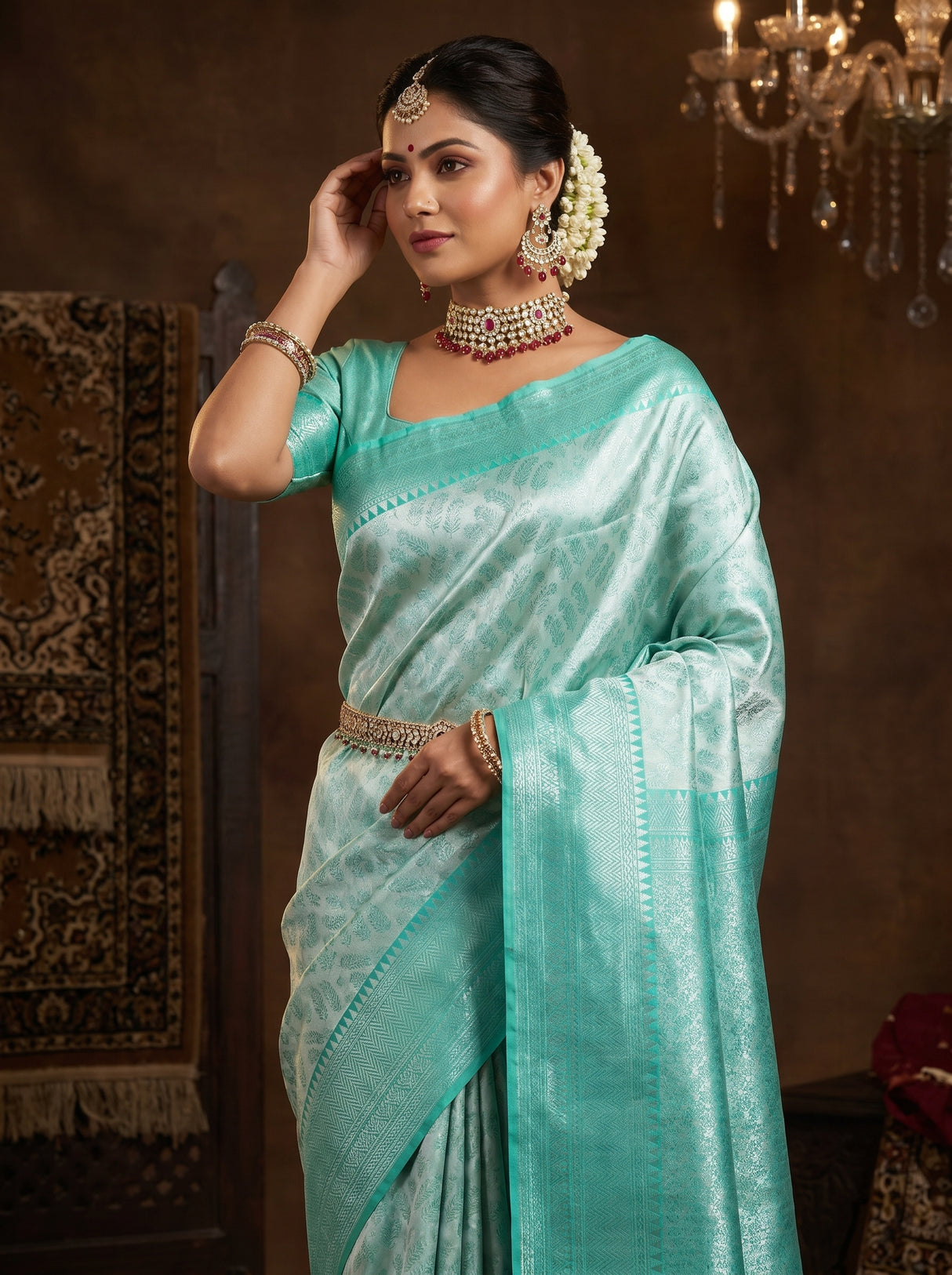 MIMOSA Rama Kanjivaram Art Silk Saree — close-up of blouse sleeve and bangles
