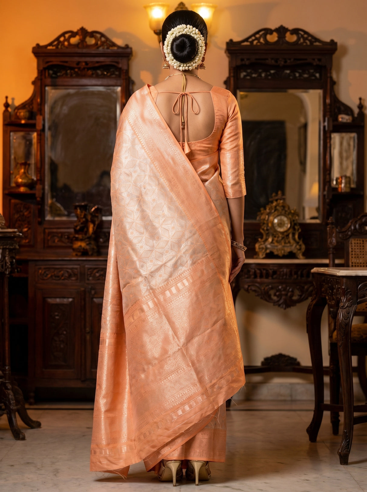 MIMOSA Chikoo Kanjivaram Art Silk Saree — close-up of the blouse and pallu