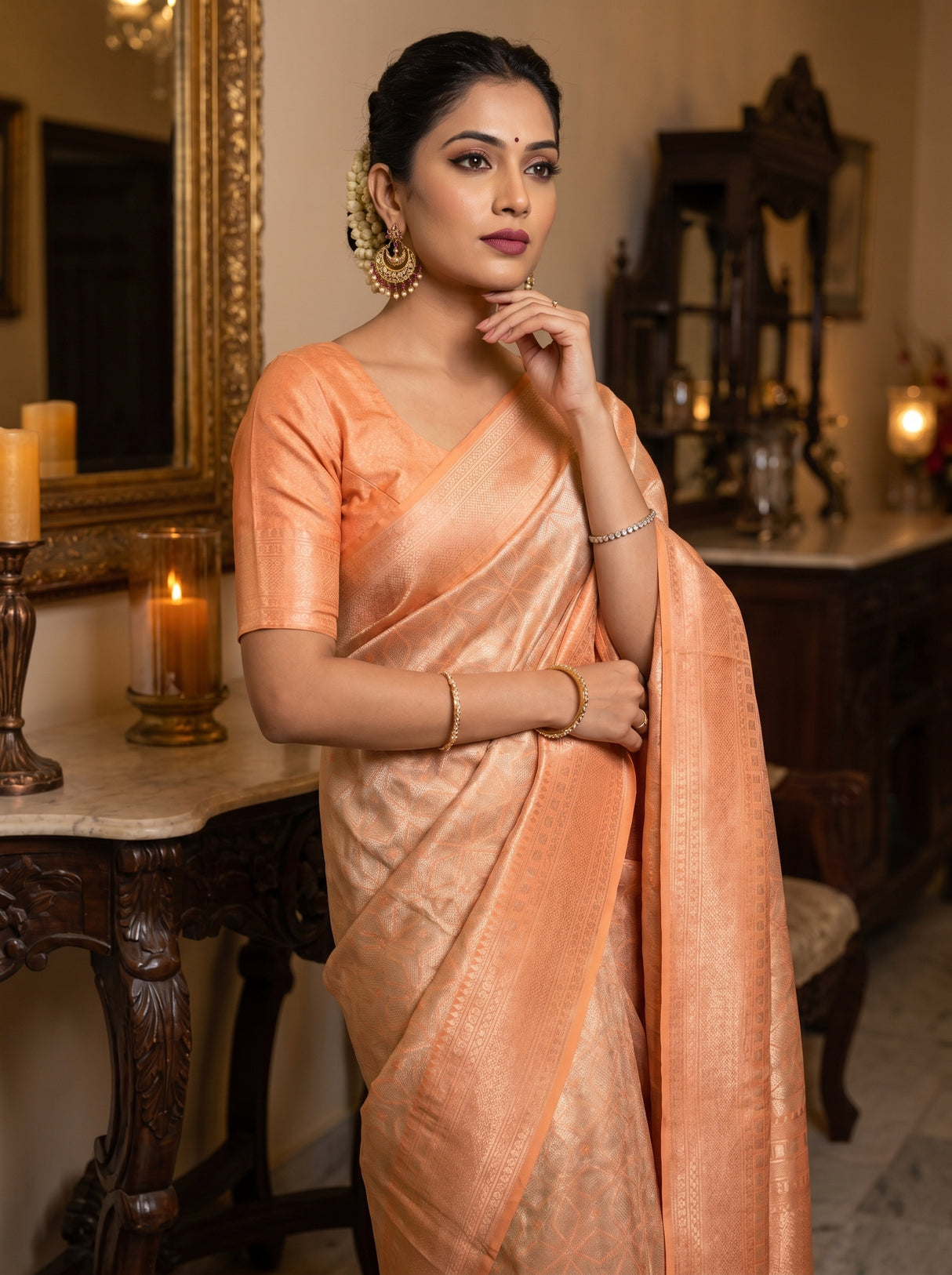 MIMOSA Chikoo Kanjivaram Art Silk Saree — view of the saree drape and fabric