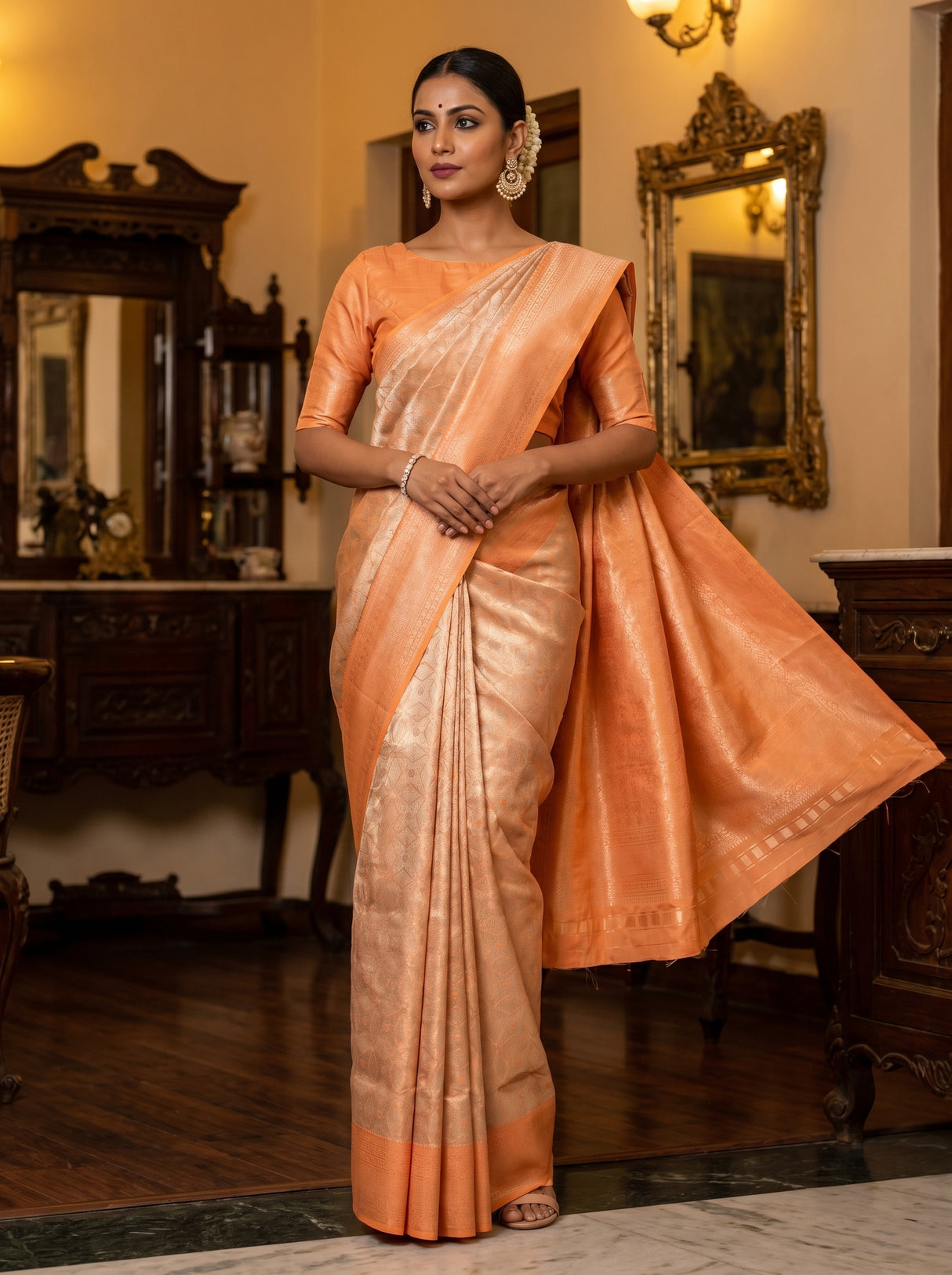 MIMOSA Chikoo Kanjivaram Art Silk Saree — lower drape and hem view