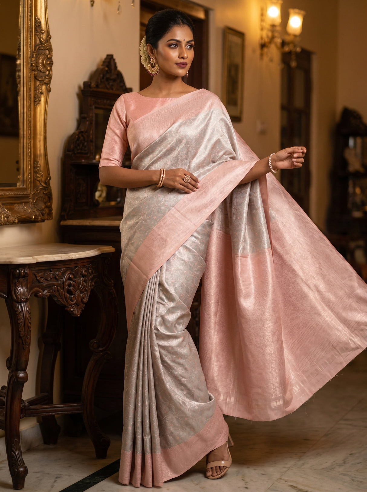 MIMOSA Grey Kanjivaram Art Silk Saree — pose 6 styling detail