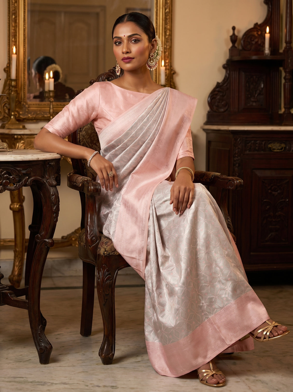 MIMOSA Grey Kanjivaram Art Silk Saree — pose 8 styling detail