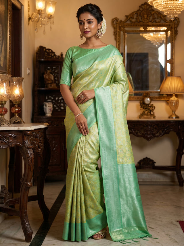 MIMOSA Olive Kanjivaram Art Silk Saree — full view