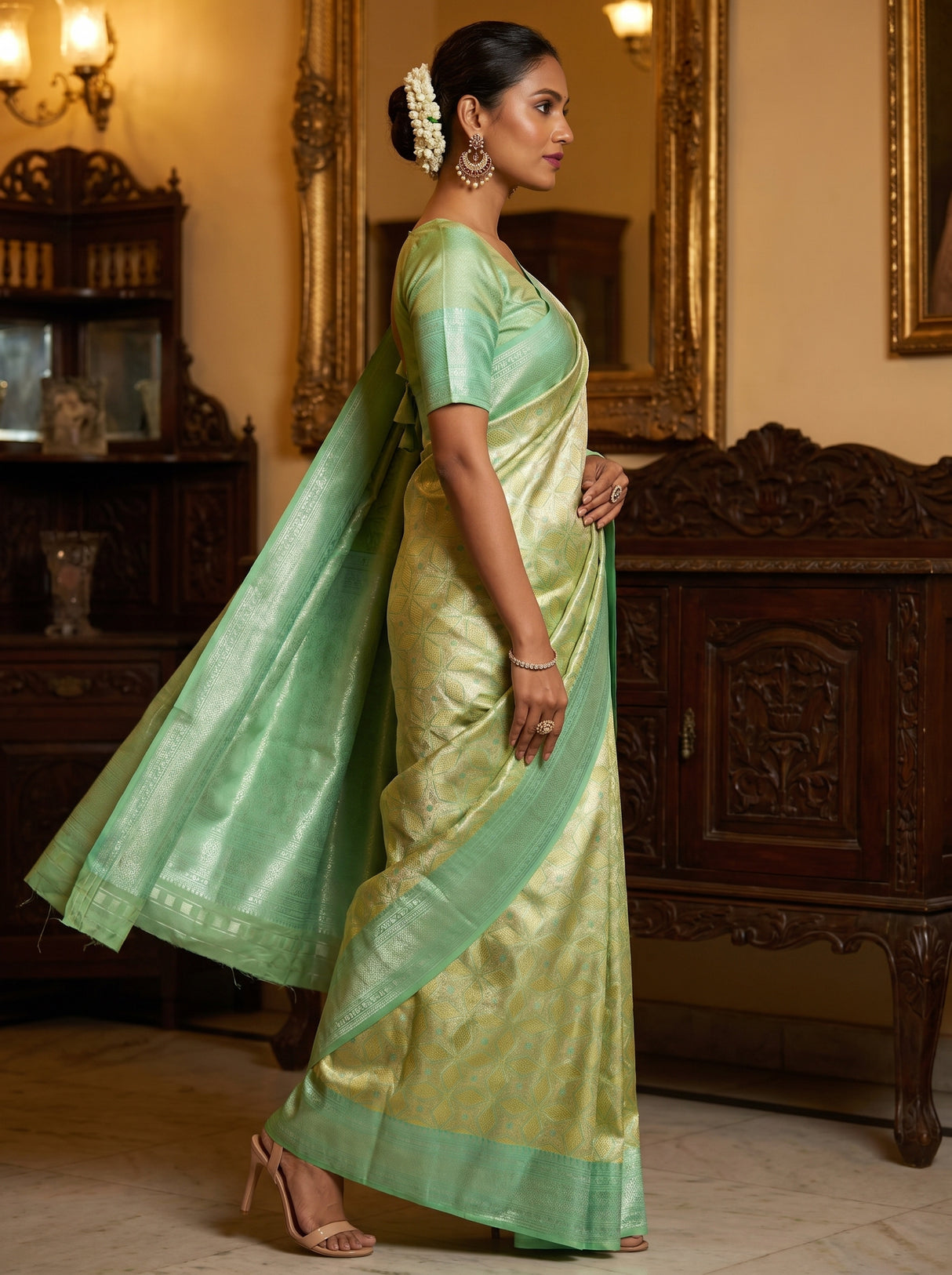 MIMOSA Olive Kanjivaram Art Silk Saree — detailed view of the border