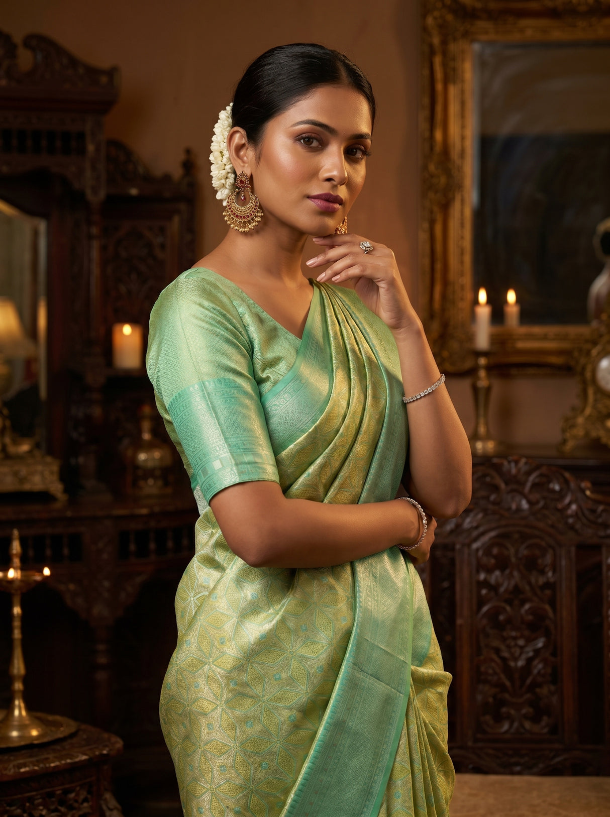 MIMOSA Olive Kanjivaram Art Silk Saree — view of the saree drape and fabric