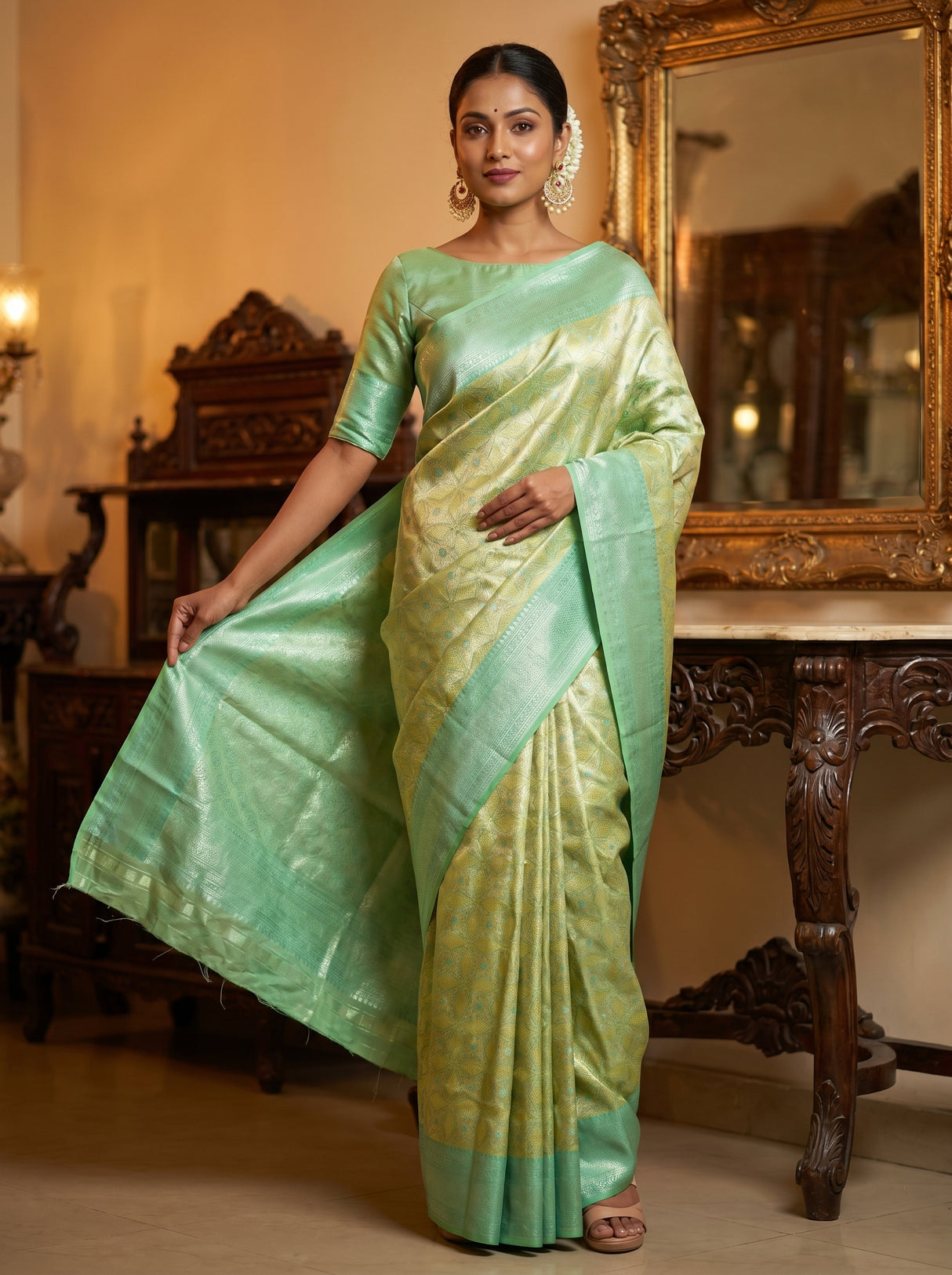 MIMOSA Olive Kanjivaram Art Silk Saree — pose 6 styling detail