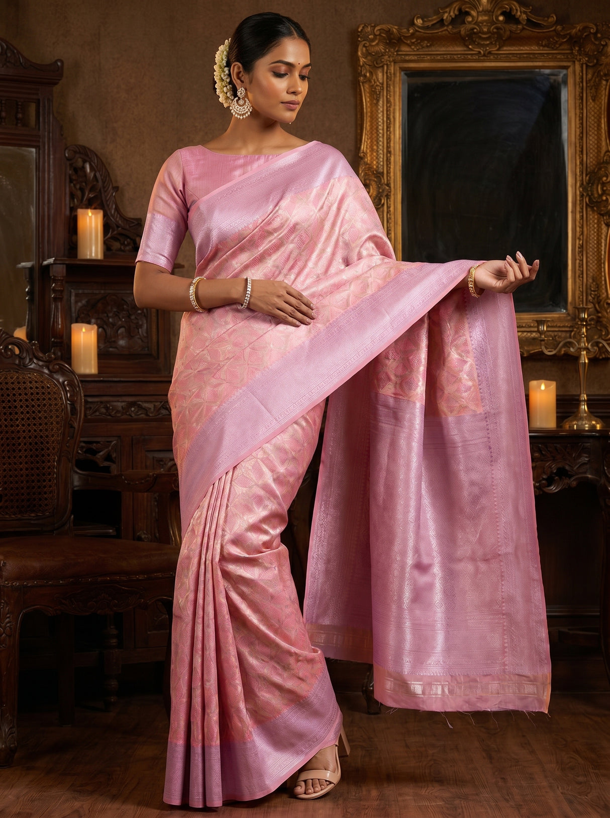 MIMOSA Pink Kanjivaram Art Silk Saree — lower drape and hem view