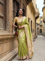 MIMOSA Olive Kanjivaram Art Silk Saree — close-up of bangles and bag