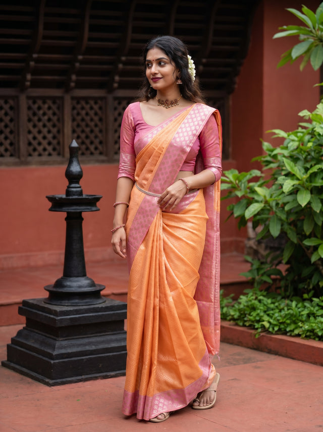 MIMOSA Peach Kanjivaram Art Silk Saree — full length view