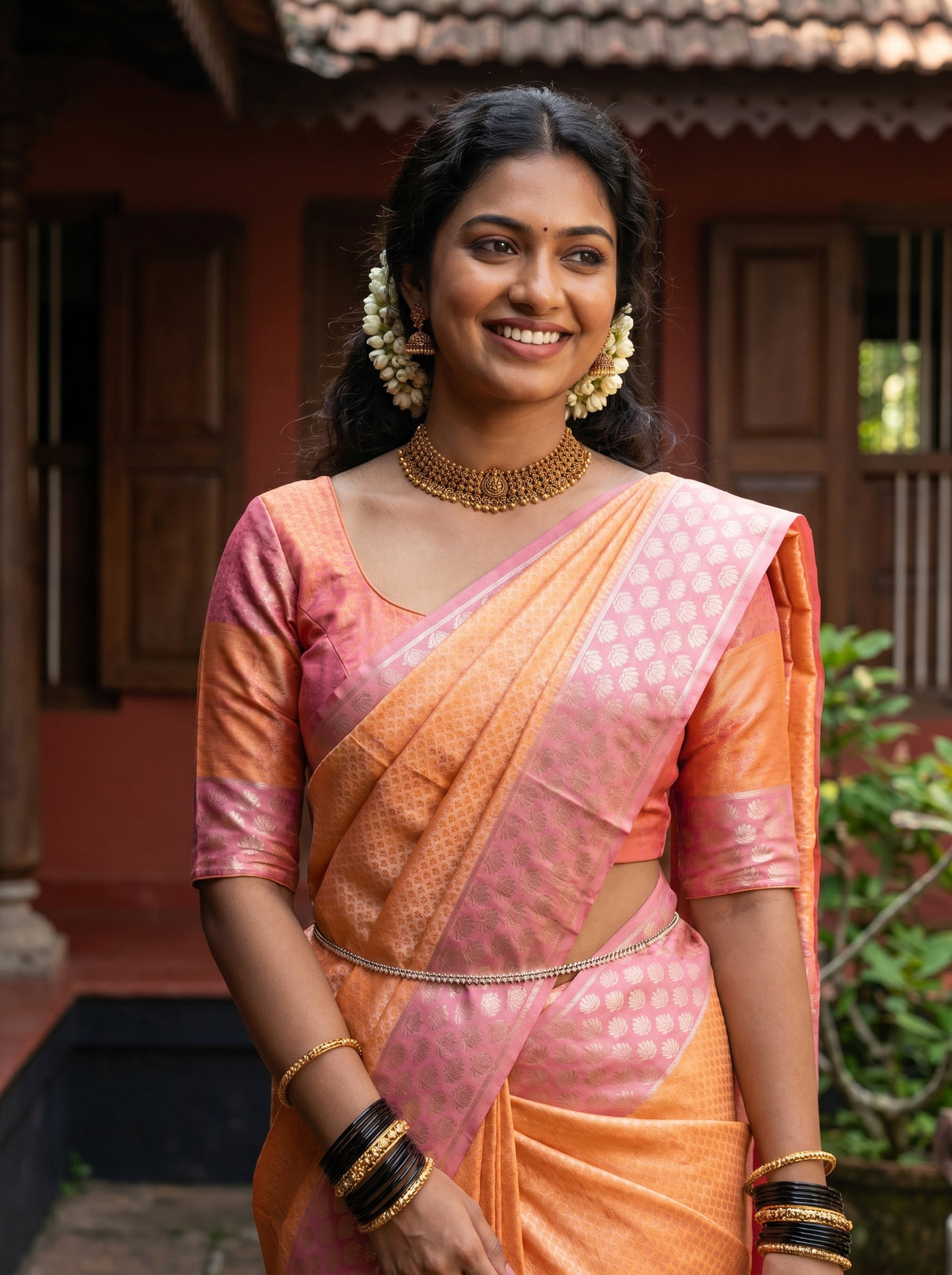 MIMOSA Peach Kanjivaram Art Silk Saree — detail of the saree pleats and border