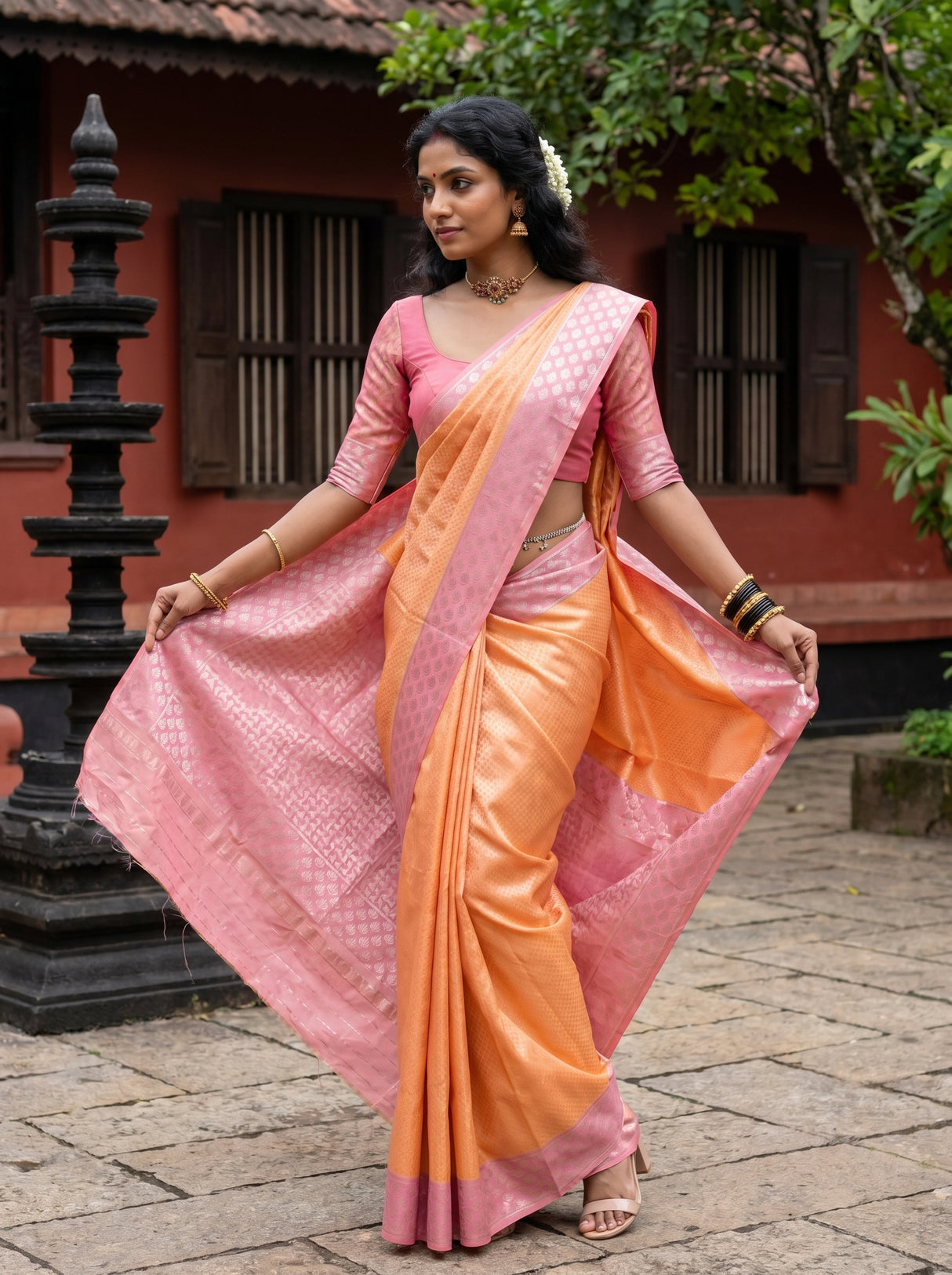 MIMOSA Peach Kanjivaram Art Silk Saree — close-up of bangles and bag