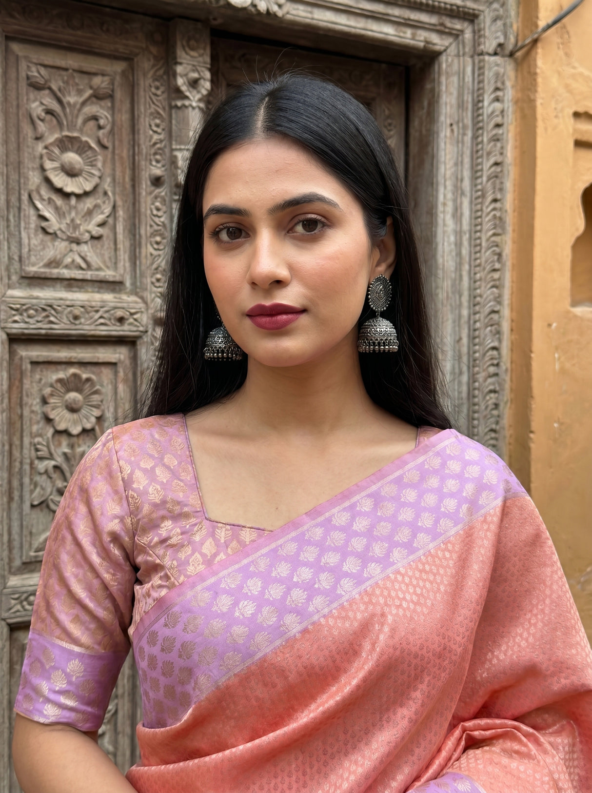 MIMOSA Pink Kanjivaram Art Silk Saree — close-up of bangles and bag