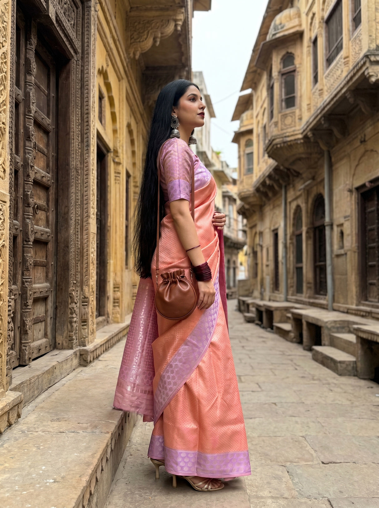 MIMOSA Pink Kanjivaram Art Silk Saree — close-up of face and earrings