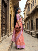 MIMOSA Pink Kanjivaram Art Silk Saree — close-up of face and earrings