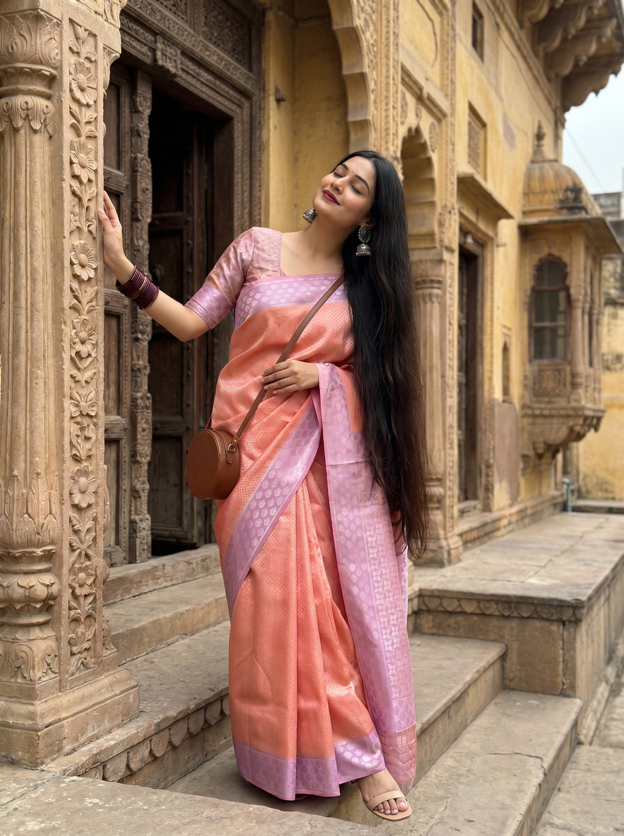 MIMOSA Pink Kanjivaram Art Silk Saree — detail of blouse and shoulder