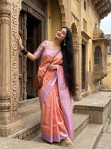 MIMOSA Pink Kanjivaram Art Silk Saree — detail of blouse and shoulder
