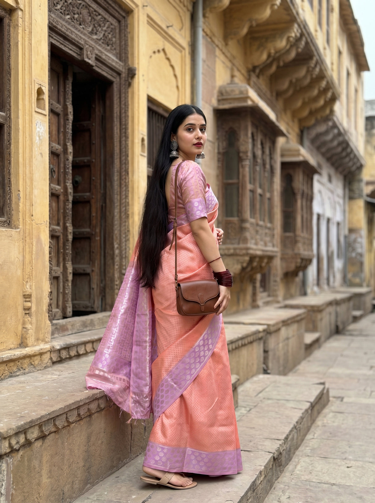MIMOSA Pink Kanjivaram Art Silk Saree — view of the pallu and body