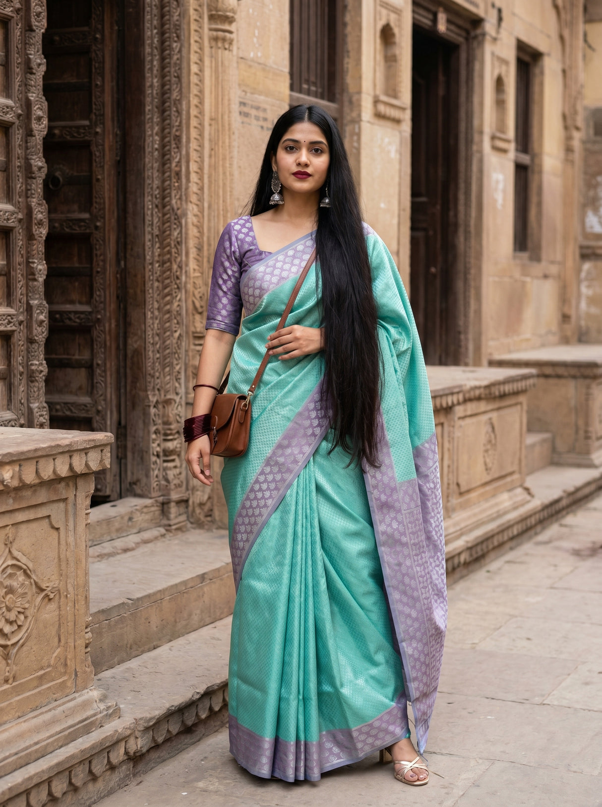 MIMOSA Rama Kanjivaram Art Silk Saree — full length view