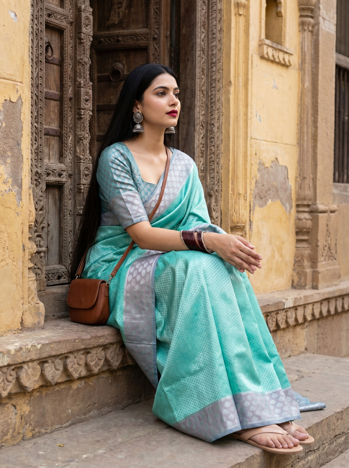 MIMOSA Rama Kanjivaram Art Silk Saree — detail of blouse and shoulder